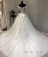 White sweetheart tulle lace applique long prom Dresses, wedding Dresses